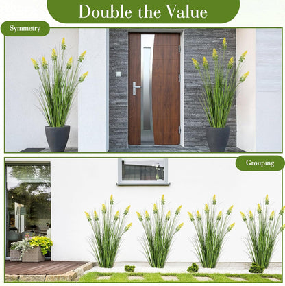 2 Pieces Faux Plants Outdoor 4 ft Horsetail Reed Grass with Yellow Cockscomb Flower Tall Artificial Grass Plant Potted Faux Greenery Floor Plant for Housewarming Gift House Garden Lobby Outdoor