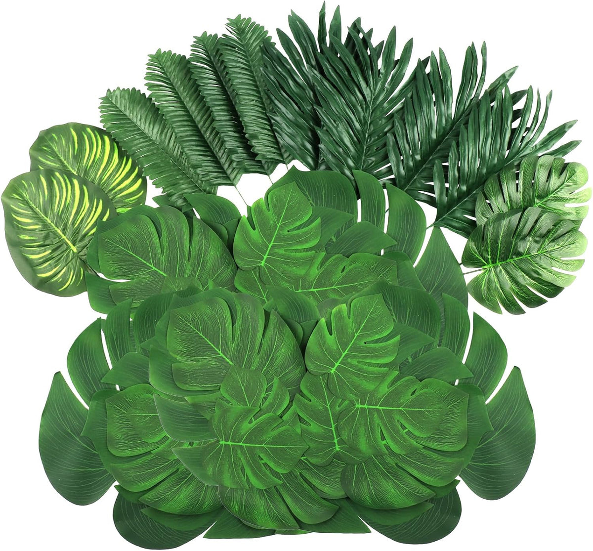 7 Kinds Artificial Tropical Leaf Jungle Leaves Plant Safari Leaves Decorations Fake Palm Leaf with Stems for Hawaiian Luau Party Table Beach Birthday Wedding Theme Party Decorations