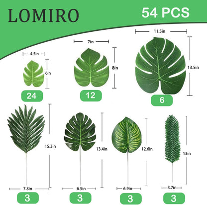 7 Kinds Artificial Tropical Leaf Jungle Leaves Plant Safari Leaves Decorations Fake Palm Leaf with Stems for Hawaiian Luau Party Table Beach Birthday Wedding Theme Party Decorations