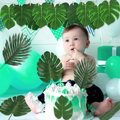 7 Kinds Artificial Tropical Leaf Jungle Leaves Plant Safari Leaves Decorations Fake Palm Leaf with Stems for Hawaiian Luau Party Table Beach Birthday Wedding Theme Party Decorations