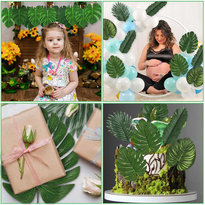 7 Kinds Artificial Tropical Leaf Jungle Leaves Plant Safari Leaves Decorations Fake Palm Leaf with Stems for Hawaiian Luau Party Table Beach Birthday Wedding Theme Party Decorations