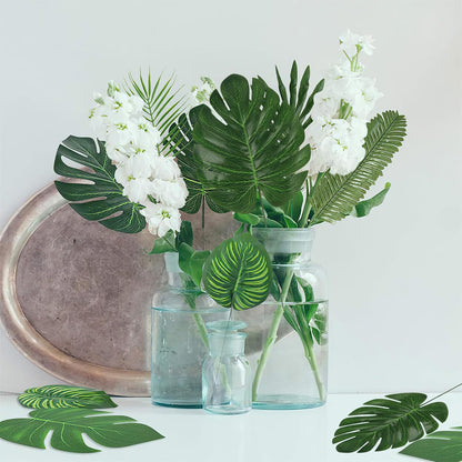7 Kinds Artificial Tropical Leaf Jungle Leaves Plant Safari Leaves Decorations Fake Palm Leaf with Stems for Hawaiian Luau Party Table Beach Birthday Wedding Theme Party Decorations