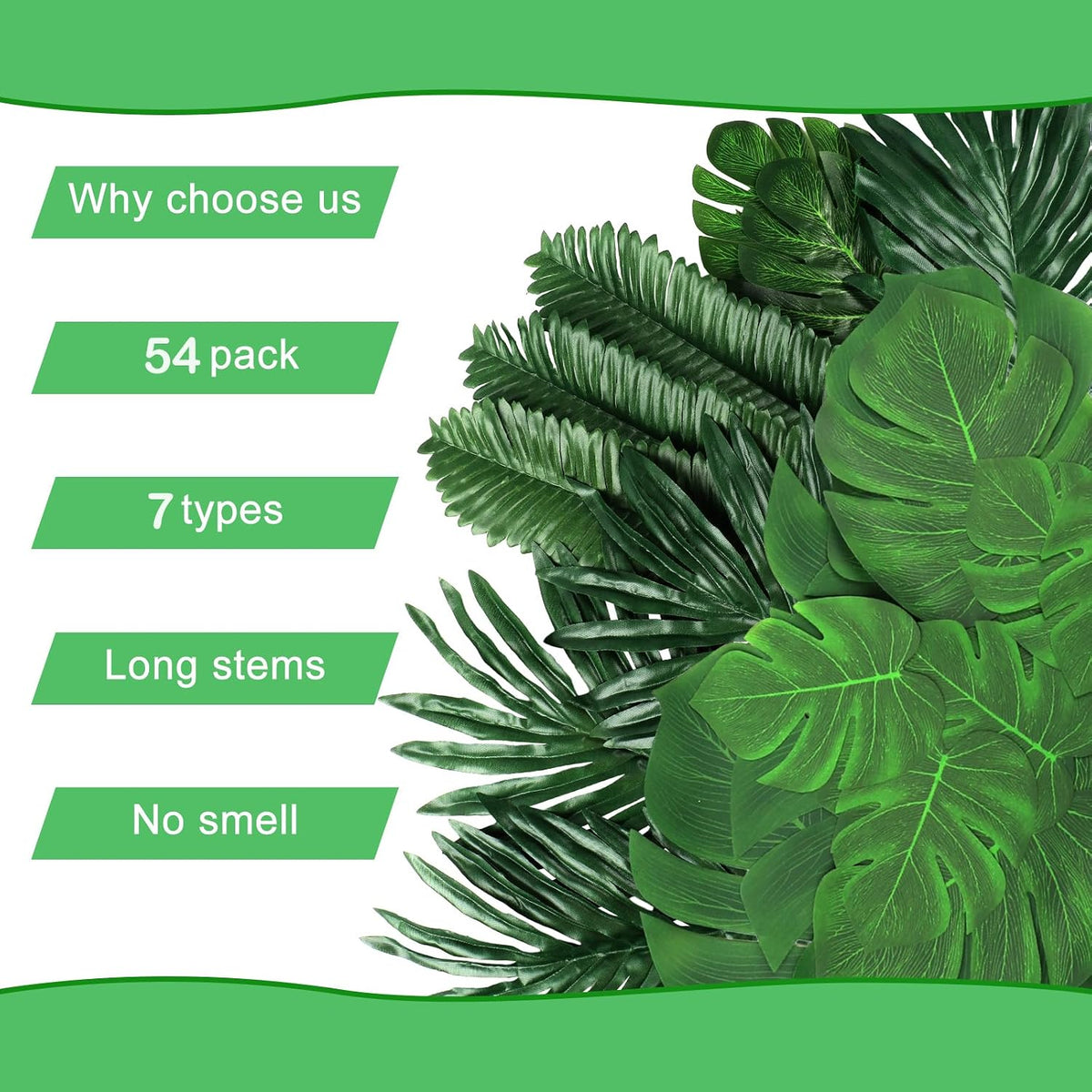 7 Kinds Artificial Tropical Leaf Jungle Leaves Plant Safari Leaves Decorations Fake Palm Leaf with Stems for Hawaiian Luau Party Table Beach Birthday Wedding Theme Party Decorations