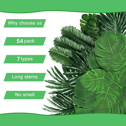 7 Kinds Artificial Tropical Leaf Jungle Leaves Plant Safari Leaves Decorations Fake Palm Leaf with Stems for Hawaiian Luau Party Table Beach Birthday Wedding Theme Party Decorations