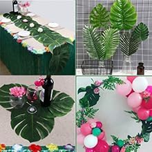 7 Kinds Artificial Tropical Leaf Jungle Leaves Plant Safari Leaves Decorations Fake Palm Leaf with Stems for Hawaiian Luau Party Table Beach Birthday Wedding Theme Party Decorations