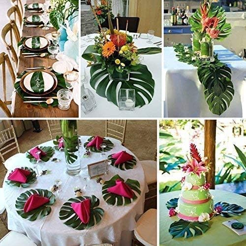 7 Kinds Artificial Tropical Leaf Jungle Leaves Plant Safari Leaves Decorations Fake Palm Leaf with Stems for Hawaiian Luau Party Table Beach Birthday Wedding Theme Party Decorations