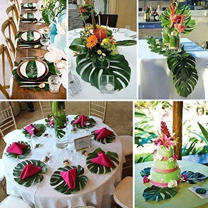 7 Kinds Artificial Tropical Leaf Jungle Leaves Plant Safari Leaves Decorations Fake Palm Leaf with Stems for Hawaiian Luau Party Table Beach Birthday Wedding Theme Party Decorations