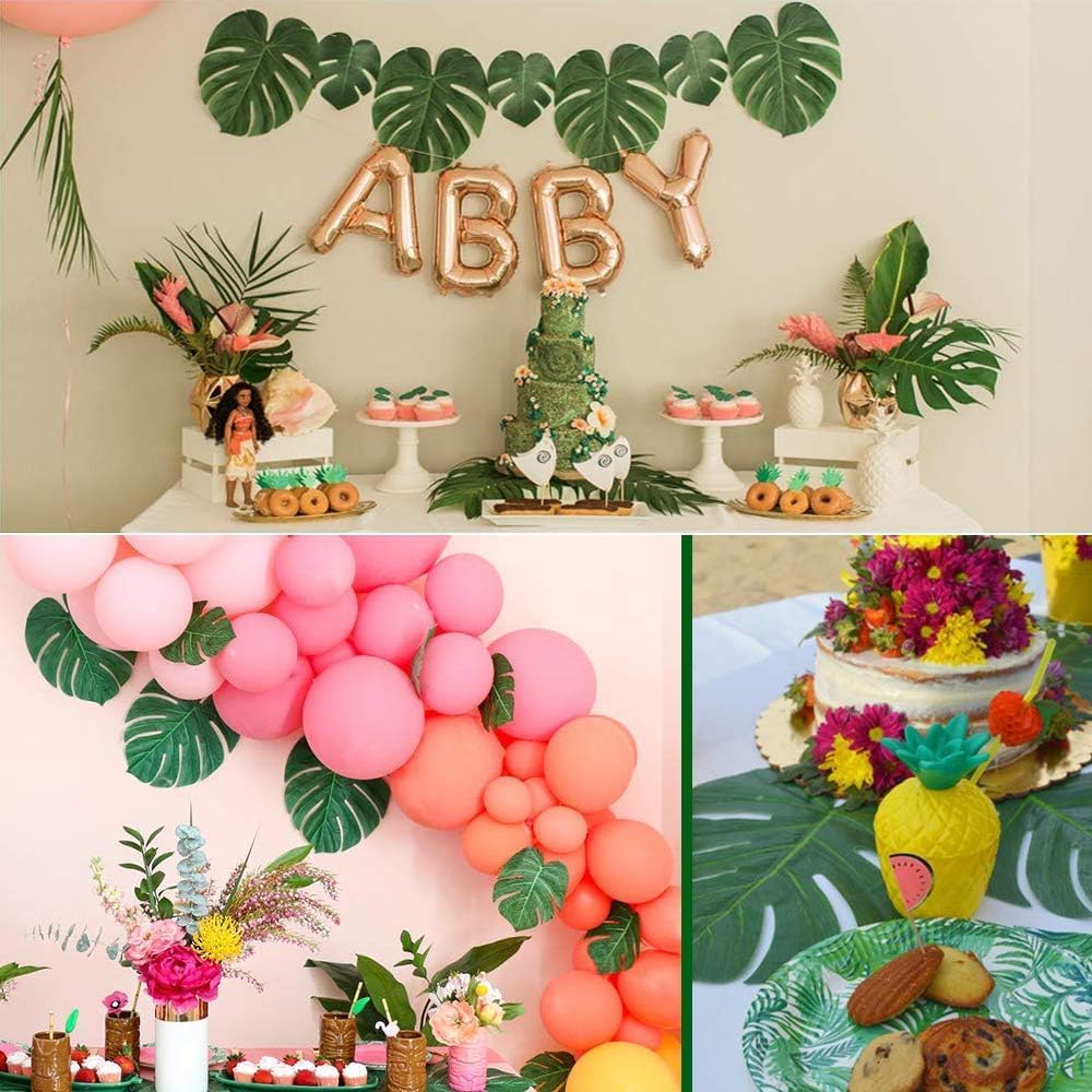 7 Kinds Artificial Tropical Leaf Jungle Leaves Plant Safari Leaves Decorations Fake Palm Leaf with Stems for Hawaiian Luau Party Table Beach Birthday Wedding Theme Party Decorations