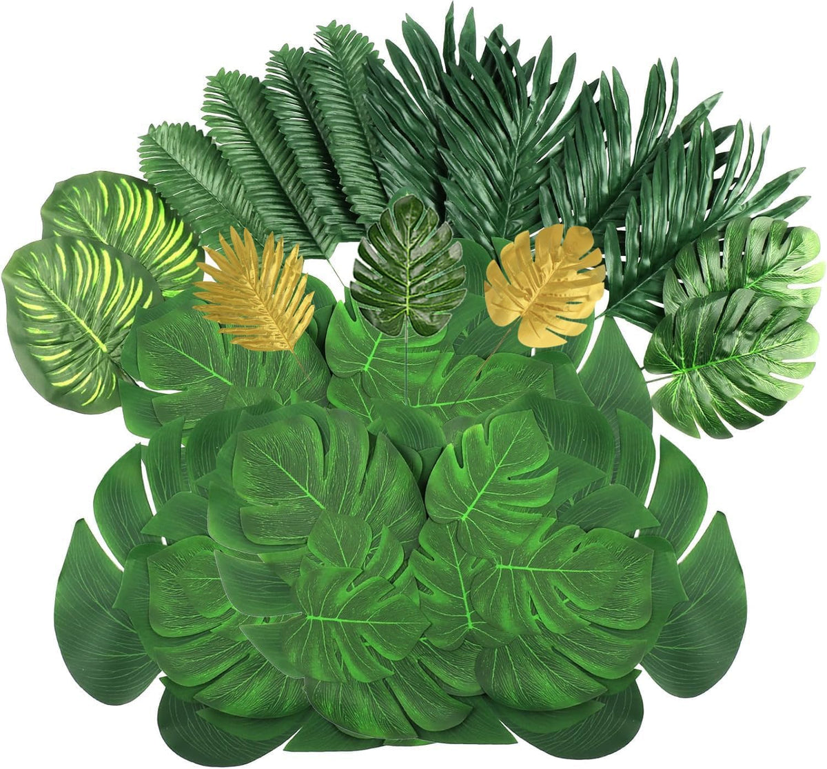 7 Kinds Artificial Tropical Leaf Jungle Leaves Plant Safari Leaves Decorations Fake Palm Leaf with Stems for Hawaiian Luau Party Table Beach Birthday Wedding Theme Party Decorations