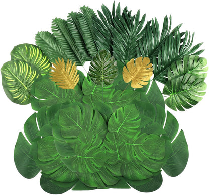 7 Kinds Artificial Tropical Leaf Jungle Leaves Plant Safari Leaves Decorations Fake Palm Leaf with Stems for Hawaiian Luau Party Table Beach Birthday Wedding Theme Party Decorations