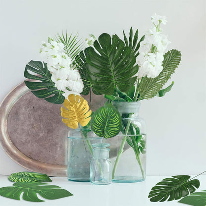 7 Kinds Artificial Tropical Leaf Jungle Leaves Plant Safari Leaves Decorations Fake Palm Leaf with Stems for Hawaiian Luau Party Table Beach Birthday Wedding Theme Party Decorations