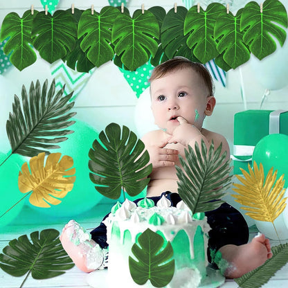 7 Kinds Artificial Tropical Leaf Jungle Leaves Plant Safari Leaves Decorations Fake Palm Leaf with Stems for Hawaiian Luau Party Table Beach Birthday Wedding Theme Party Decorations