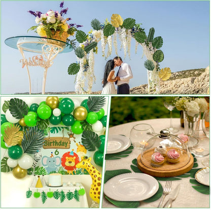 7 Kinds Artificial Tropical Leaf Jungle Leaves Plant Safari Leaves Decorations Fake Palm Leaf with Stems for Hawaiian Luau Party Table Beach Birthday Wedding Theme Party Decorations