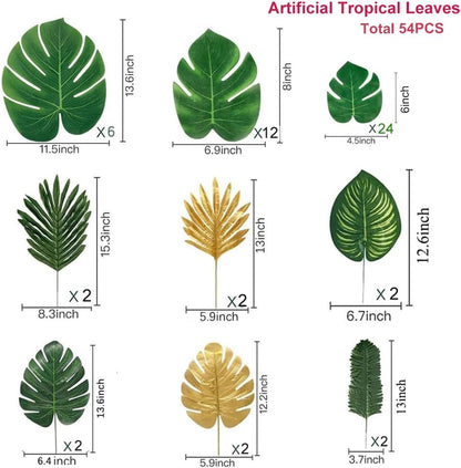 7 Kinds Artificial Tropical Leaf Jungle Leaves Plant Safari Leaves Decorations Fake Palm Leaf with Stems for Hawaiian Luau Party Table Beach Birthday Wedding Theme Party Decorations