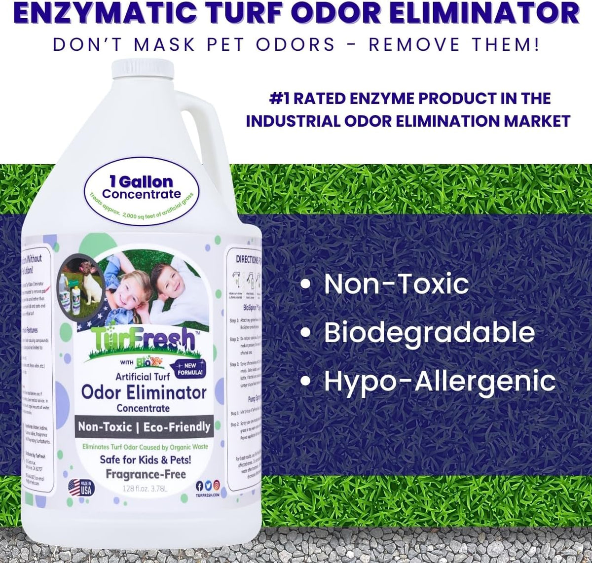 TurFresh BioX Artificial Turf Odor Eliminator – Yard Deodorizer for Artificial Grass & Dog Runs – Natural Concentrate for Pet Urine & Feces – Safe for Kids & Pets – 1 Gallon Fragrance-Free