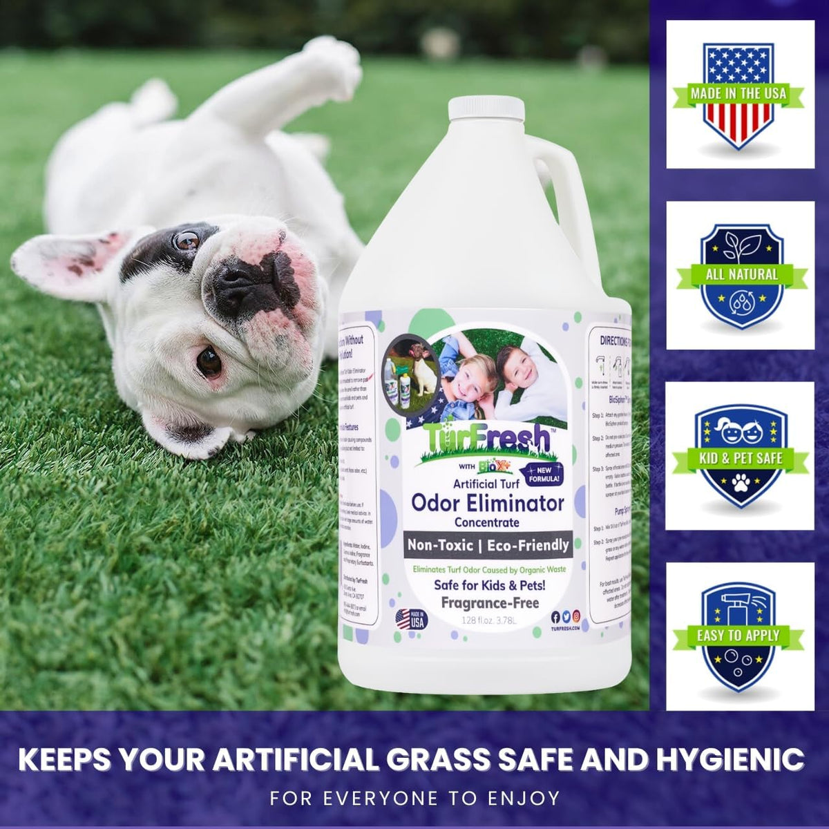 TurFresh BioX Artificial Turf Odor Eliminator – Yard Deodorizer for Artificial Grass & Dog Runs – Natural Concentrate for Pet Urine & Feces – Safe for Kids & Pets – 1 Gallon Fragrance-Free