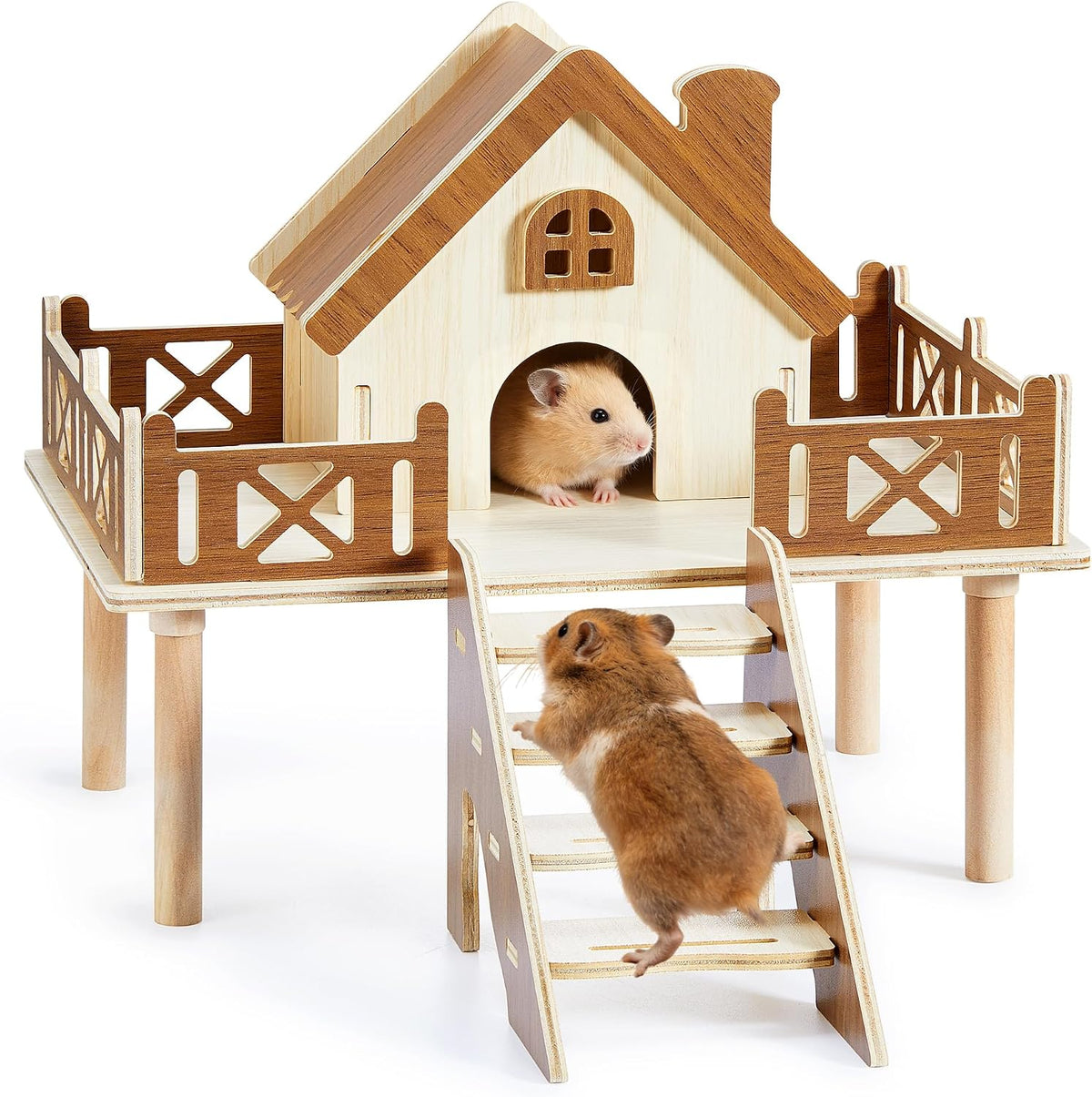 Wooden Hamster Platform and Cute Habitat House with Climbing Ladder
