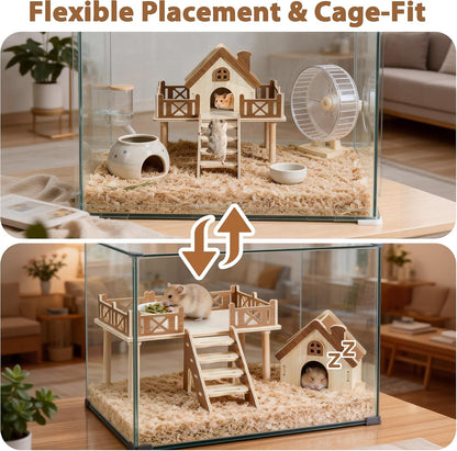 Wooden Hamster Platform and Cute Habitat House with Climbing Ladder