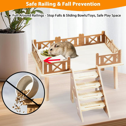 Wooden Hamster Platform and Cute Habitat House with Climbing Ladder
