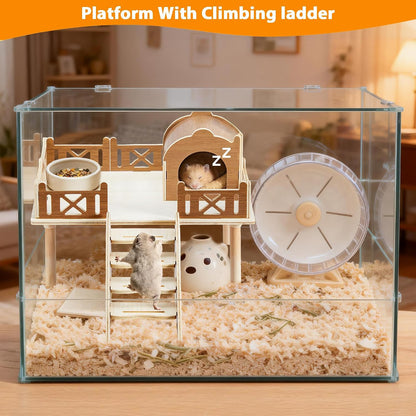 Wooden Hamster Platform and Cute Habitat House with Climbing Ladder