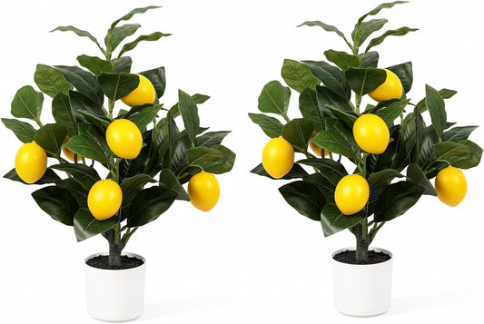2 Pack 15" Fake Lemon Tree with 12 Lemons Fruit & White Pot | Artificial lemons fruit plant, high quality silk & plastic, for home, office, living room table, desk