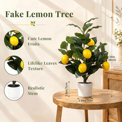 2 Pack 15" Fake Lemon Tree with 12 Lemons Fruit & White Pot | Artificial lemons fruit plant, high quality silk & plastic, for home, office, living room table, desk