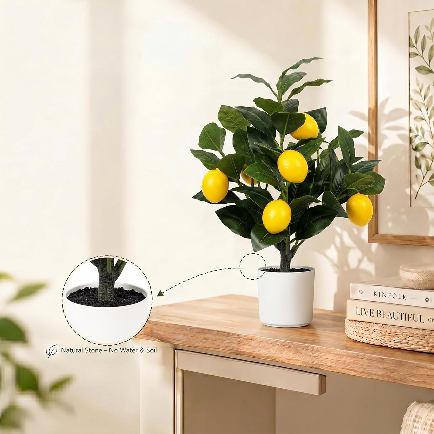2 Pack 15" Fake Lemon Tree with 12 Lemons Fruit & White Pot | Artificial lemons fruit plant, high quality silk & plastic, for home, office, living room table, desk