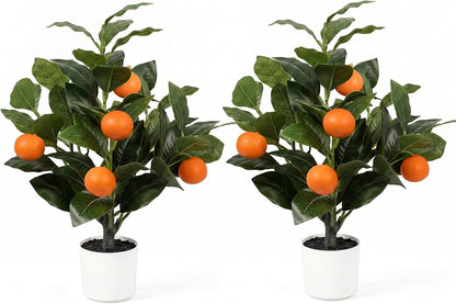 2 Pack 15" Fake Lemon Tree with 12 Lemons Fruit & White Pot | Artificial lemons fruit plant, high quality silk & plastic, for home, office, living room table, desk
