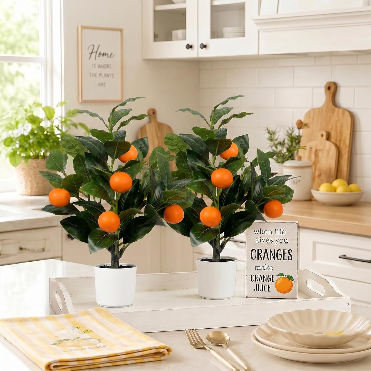 2 Pack 15" Fake Lemon Tree with 12 Lemons Fruit & White Pot | Artificial lemons fruit plant, high quality silk & plastic, for home, office, living room table, desk