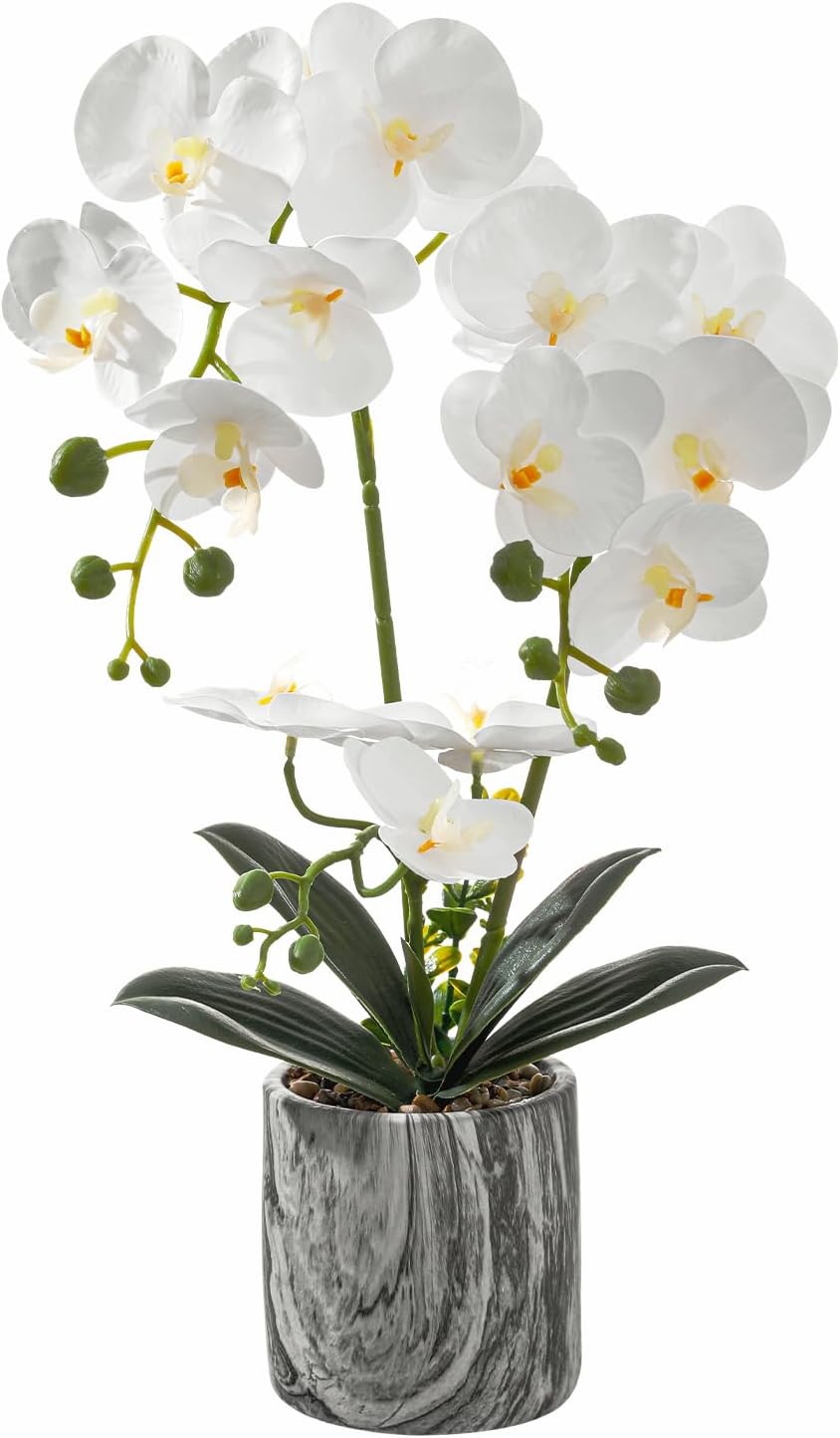 White Fake Orchids Flowers in Pot Bendable Faux Orchids Artificial Flowers Washable Silk Orchid Phalaenopsis Decor for Home Wedding Table Centerpiece Bathroom Office