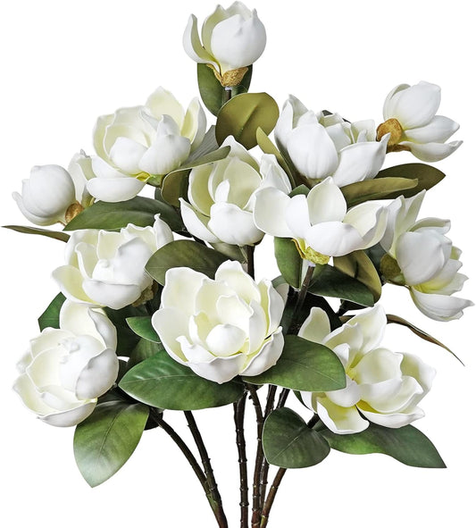 Vintage Artificial Magnolia Flower White 6 Heads,Long Stem Magnolia Bouquet with Green Leaves Arrangement for Home Office Living Room Bedroom Floor Vase Decoration