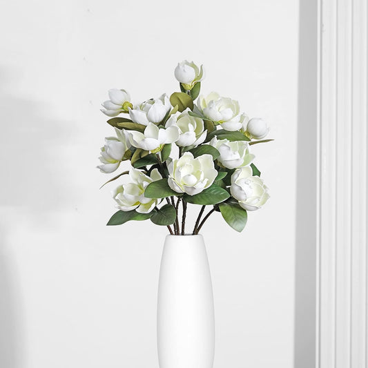 Vintage Artificial Magnolia Flower White 6 Heads,Long Stem Magnolia Bouquet with Green Leaves Arrangement for Home Office Living Room Bedroom Floor Vase Decoration