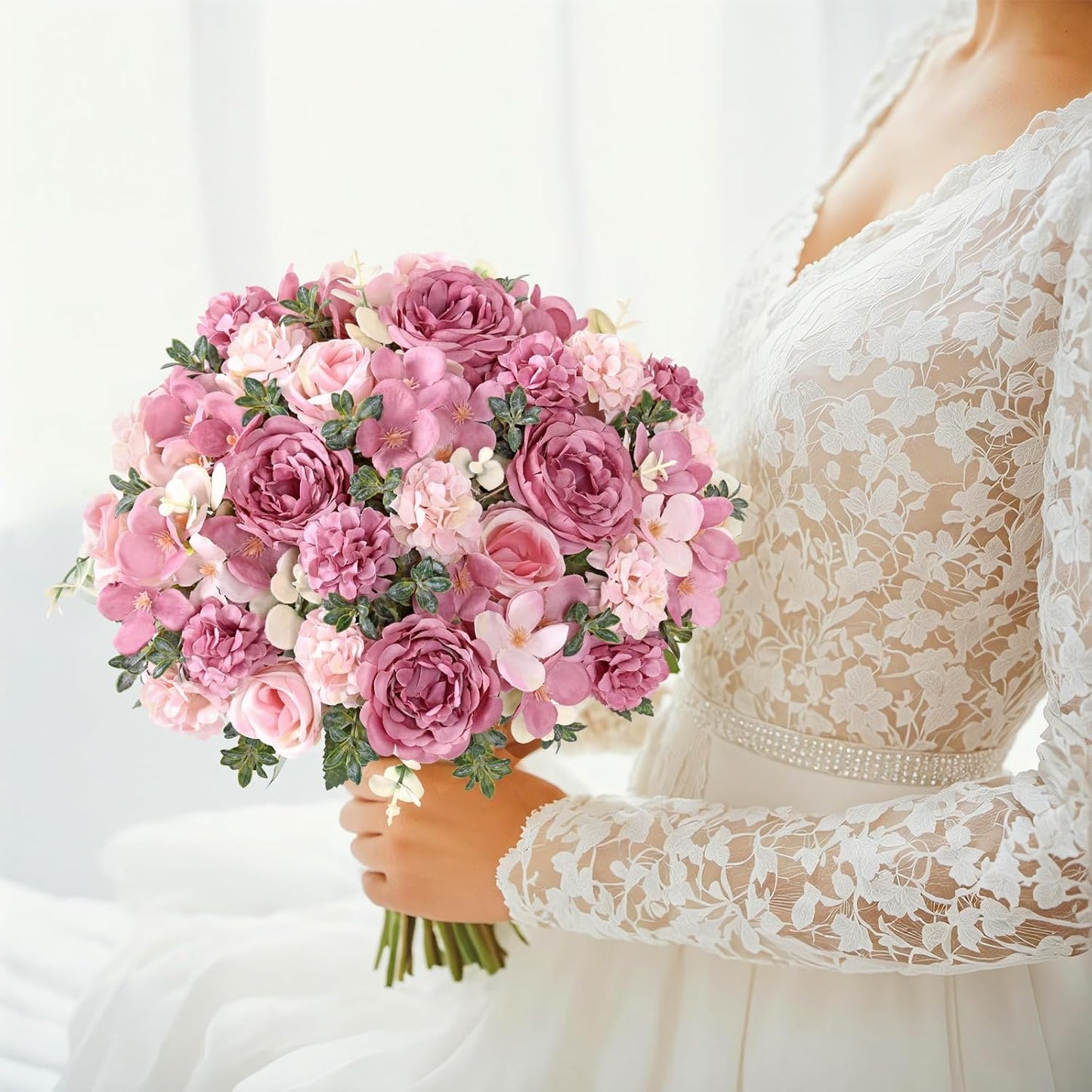 2 Packs Peonies Artificial Flowers Silk Champagne Artificial Peonies Bouquet Fake Flower Arrangements Mixed Roses Hydrangea with Stems for Centerpiece Table Wedding Bridal Bouquets Home Decor