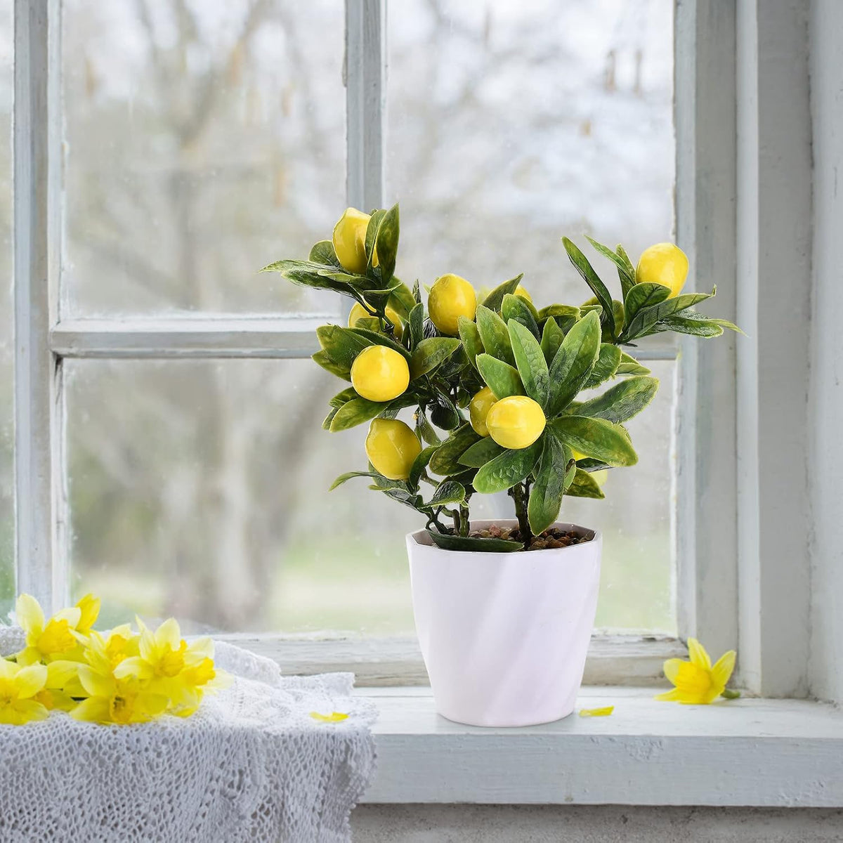 Artificial Lemon Tree Potted Plants, 10 Inch Artificial Fruit Bonsai Tree Lemon Decor, Yellow Lemon Decorations for Home Kitchen Decor(Yellow)