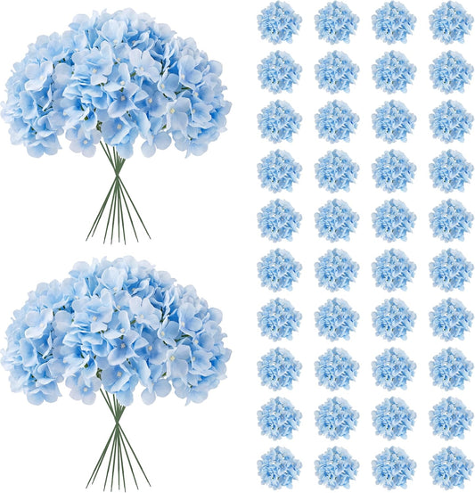40pcs Artificial Hydrangea Silk Flower Heads with Stems, Fake Flowers for Wedding Centerpiece Home Garden Party Decoration (Blue)