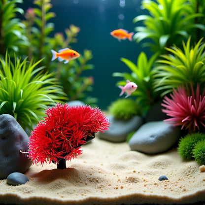 Red Artificial Flowers, Fake Flowers, Artificial Pine with Base Grass Fish Tank Ornament Aquatic Plant Landscape Decor, Aquarium Décor Plastic Plants