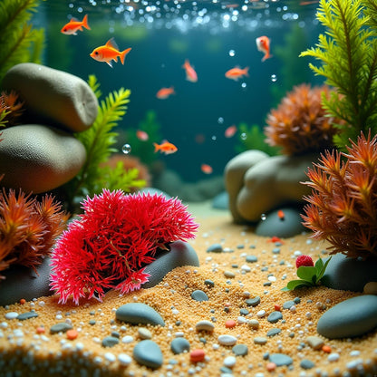 Red Artificial Flowers, Fake Flowers, Artificial Pine with Base Grass Fish Tank Ornament Aquatic Plant Landscape Decor, Aquarium Décor Plastic Plants