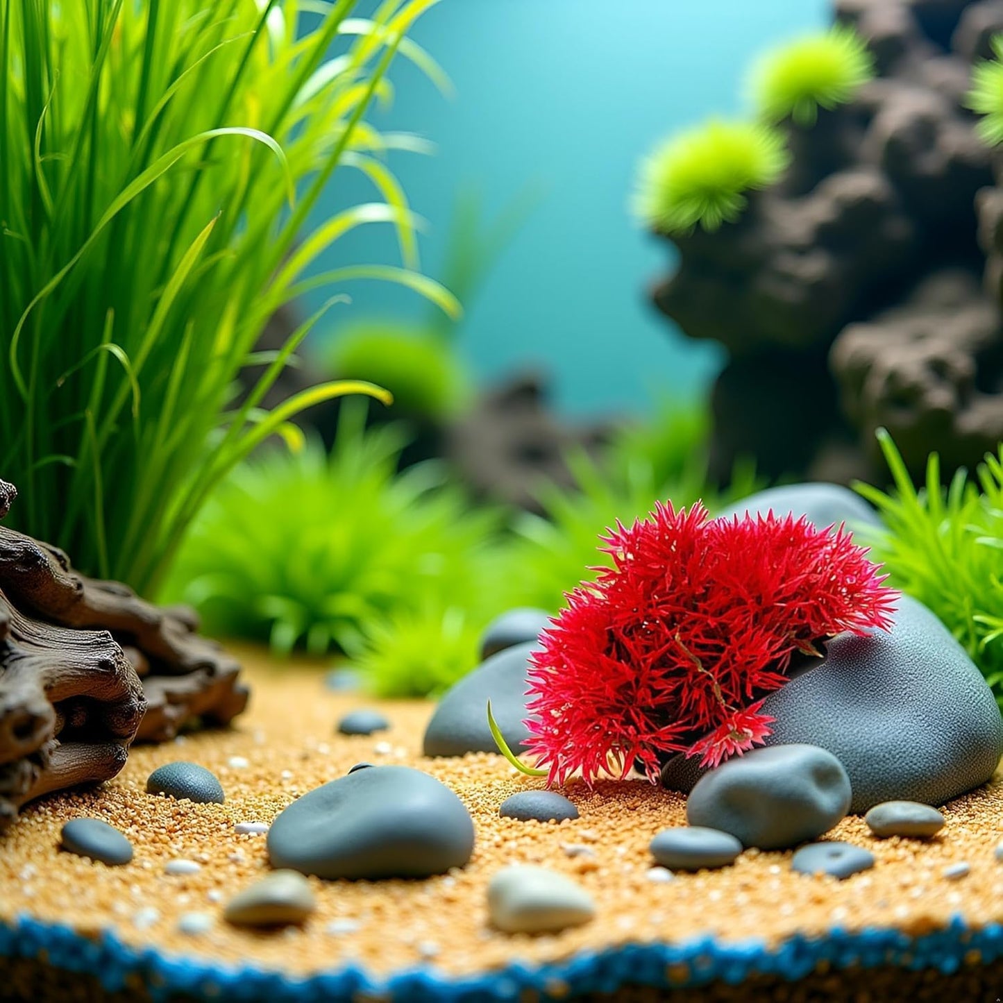 Red Artificial Flowers, Fake Flowers, Artificial Pine with Base Grass Fish Tank Ornament Aquatic Plant Landscape Decor, Aquarium Décor Plastic Plants