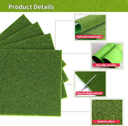 4Pcs 6x6 Inch Fake Grass for Crafts, Miniature Artificial Grass | Premium, Realistic, Soft, Easy to Cut & Shape, Small Artificial Turf for Mini Fairy Garden, Diorama