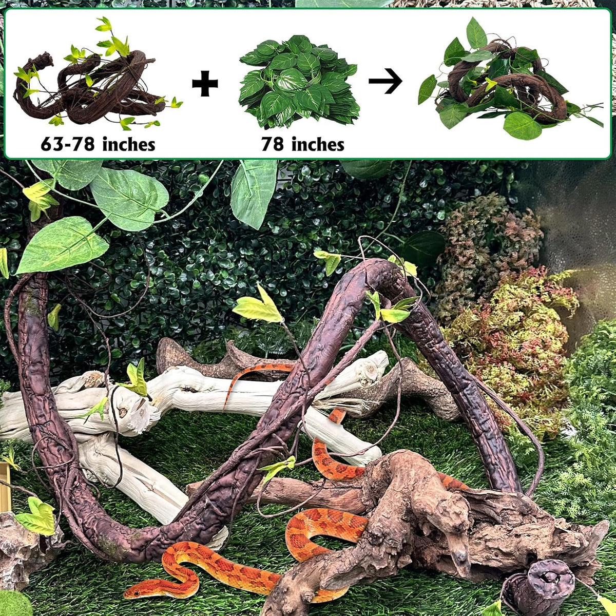Extra Large Reptile Vines Thick Terrarium Plants 78 Inches Long Flexible Climbing Branch with Leaves Snake Tank Accessories Greenery Habitat Decor for Bearded Dragon Chameleon Gecko Lizard