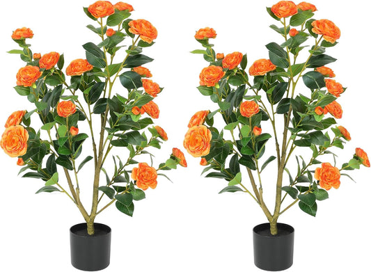 38in 2Pack Artificial Camellia Tree,UV Resistant Orange Flower Faux Outdoor Plants in Pot, Lifelike Artificial Plants Indoor for Home Decor, Fake Trees for Outdoor Front Door Decoration