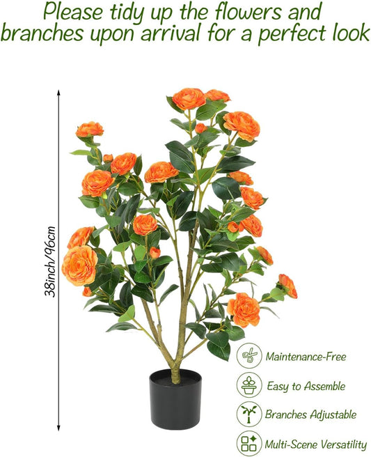 38in 2Pack Artificial Camellia Tree,UV Resistant Orange Flower Faux Outdoor Plants in Pot, Lifelike Artificial Plants Indoor for Home Decor, Fake Trees for Outdoor Front Door Decoration