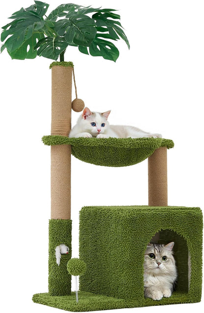 Palm Tree Cat Tree 37 Inch Scratching Post Tower Tropical Jungle Playground with Natural Jute Sisal Rope Cozy Plush Hammock Private Cave Condo Toy Mouse Stable Faux Grass Base