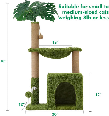 Palm Tree Cat Tree 37 Inch Scratching Post Tower Tropical Jungle Playground with Natural Jute Sisal Rope Cozy Plush Hammock Private Cave Condo Toy Mouse Stable Faux Grass Base