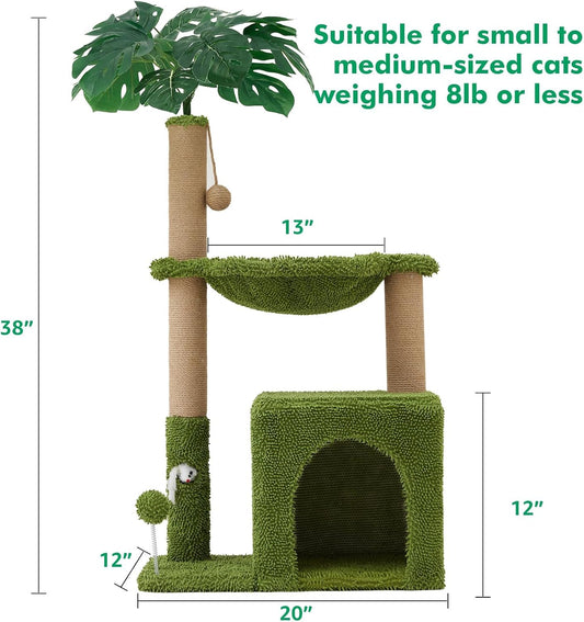 Palm Tree Cat Tree 37 Inch Scratching Post Tower Tropical Jungle Playground with Natural Jute Sisal Rope Cozy Plush Hammock Private Cave Condo Toy Mouse Stable Faux Grass Base