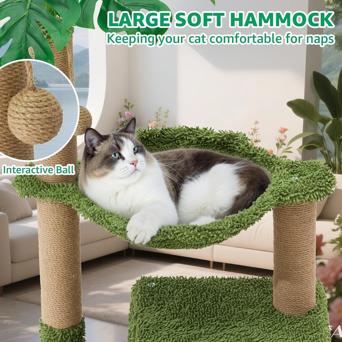 Palm Tree Cat Tree 37 Inch Scratching Post Tower Tropical Jungle Playground with Natural Jute Sisal Rope Cozy Plush Hammock Private Cave Condo Toy Mouse Stable Faux Grass Base