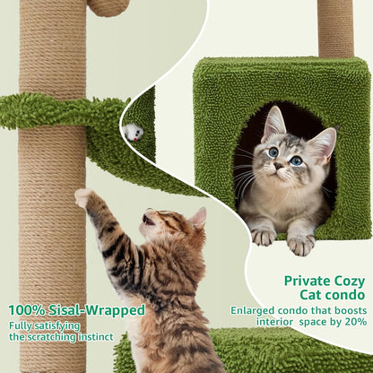 Palm Tree Cat Tree 37 Inch Scratching Post Tower Tropical Jungle Playground with Natural Jute Sisal Rope Cozy Plush Hammock Private Cave Condo Toy Mouse Stable Faux Grass Base