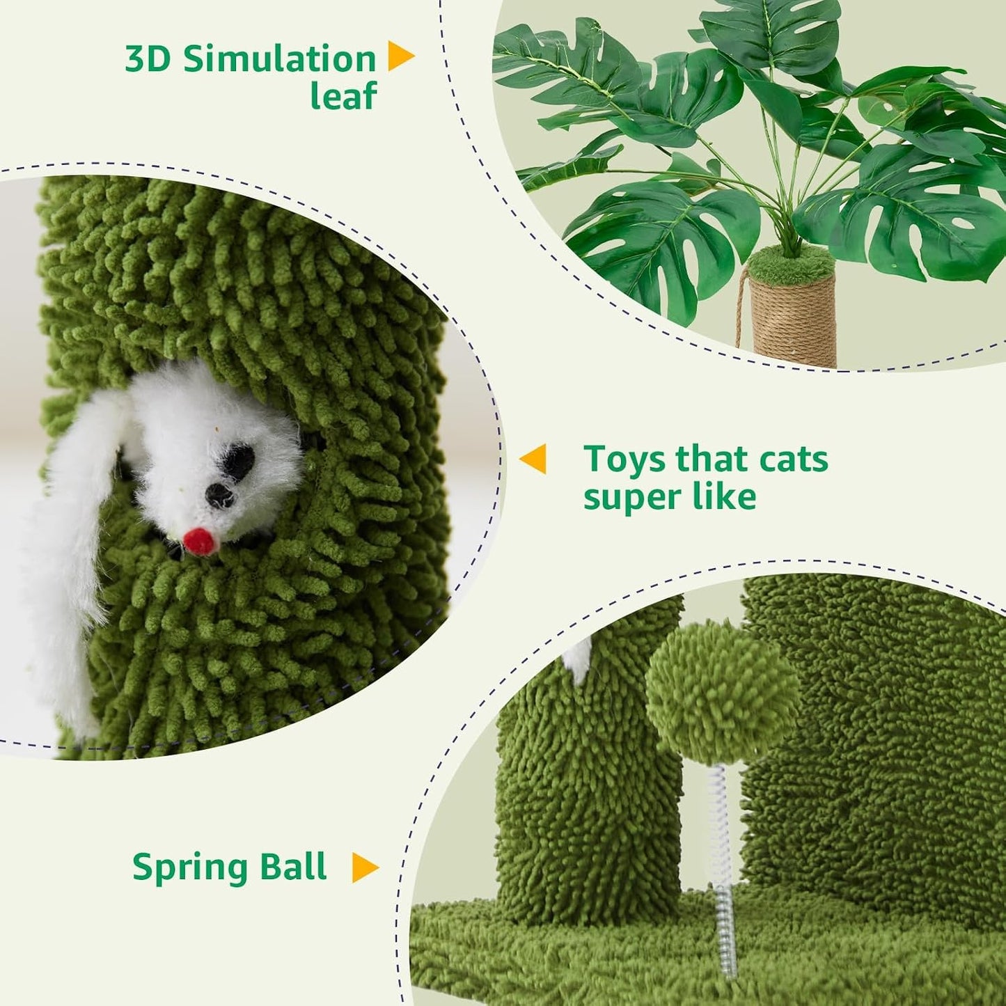 Palm Tree Cat Tree 37 Inch Scratching Post Tower Tropical Jungle Playground with Natural Jute Sisal Rope Cozy Plush Hammock Private Cave Condo Toy Mouse Stable Faux Grass Base