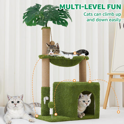 Palm Tree Cat Tree 37 Inch Scratching Post Tower Tropical Jungle Playground with Natural Jute Sisal Rope Cozy Plush Hammock Private Cave Condo Toy Mouse Stable Faux Grass Base