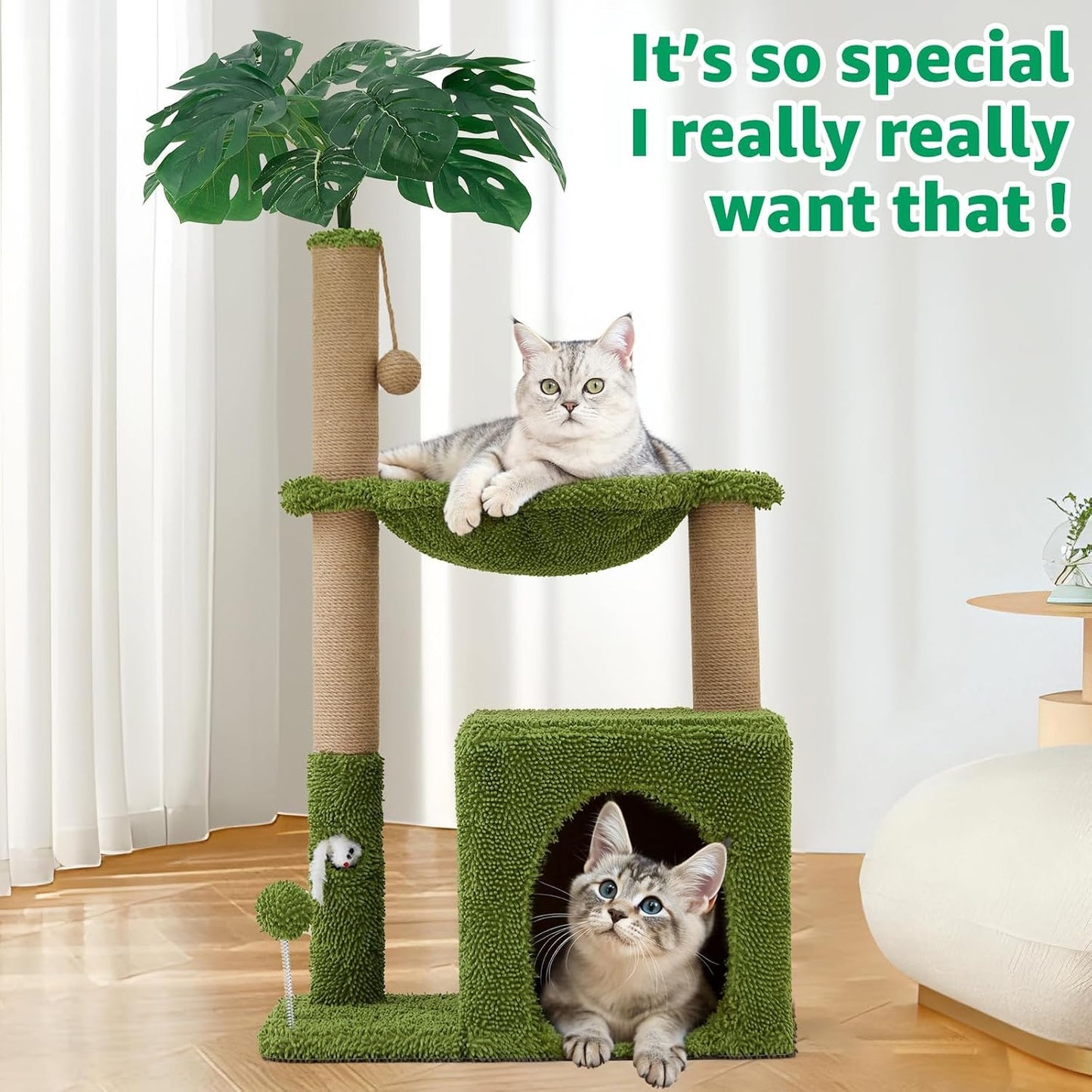Palm Tree Cat Tree 37 Inch Scratching Post Tower Tropical Jungle Playground with Natural Jute Sisal Rope Cozy Plush Hammock Private Cave Condo Toy Mouse Stable Faux Grass Base